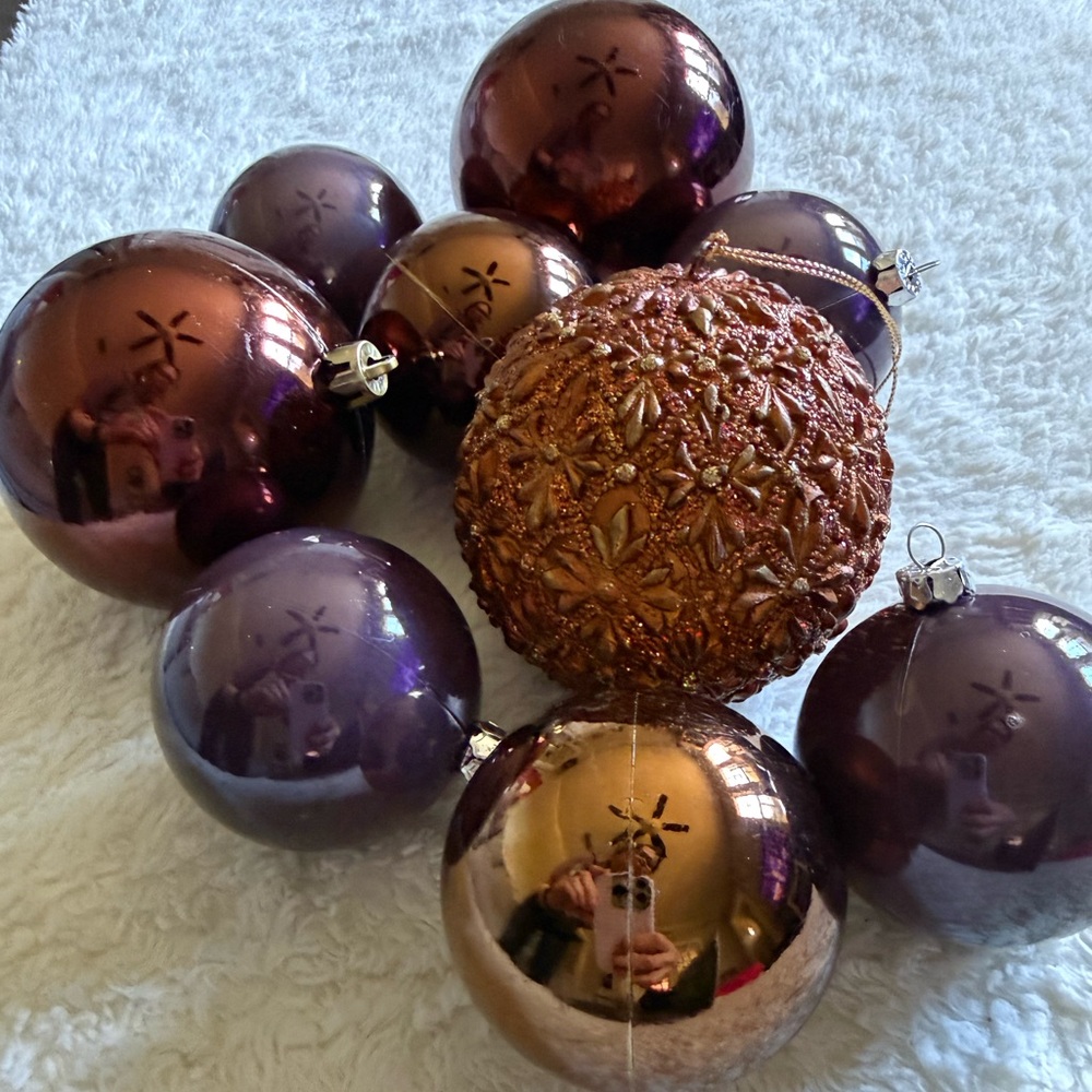 Holiday Ornament Set - Purple and Bronze Decorative Christmas Balls